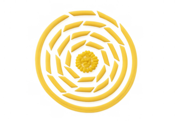 Uncooked penne pasta and spiral spaghetti forming a concentric circular mandala pattern on transparent background