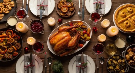 Top view of a Christmas dinner table with roasted turkey, vegetables, and pie. A festive holiday feast on a rustic wooden table with warm candlelight. Perfect for menus and culinary content.