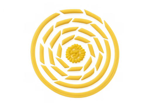 Uncooked penne pasta and spiral spaghetti forming a concentric circular mandala pattern on transparent background