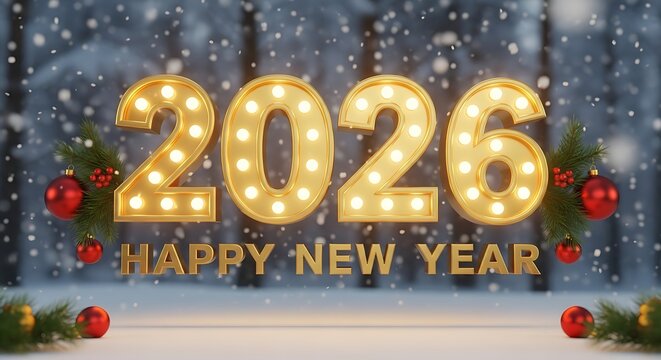 Glowing 2026 numbers with happy new year text surrounded by festive christmas trees and ornaments in a snowy winter scene