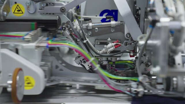Industrial Sewing Machine in Action. Close-up Textile Factory Footage