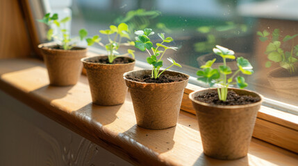 Fototapeta premium Row of potted seedlings growing in biodegradable pots with soil