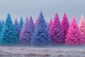 Obraz premium Vibrant pastel colored Christmas trees create a whimsical winter landscape in soft hues of blue, pink, and purple