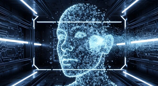 Digital human face identity and artificial intelligence head scan. Biometric security and future virtual reality. Glowing wireframe face dissolving in a futuristic server room