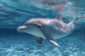 Obraz premium Dolphin swimming gracefully in clear, turquoise waters during a sunny day, showcasing joyful behavior and playful movements