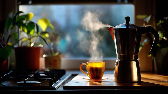 Steam escaping from kettle in backlight, quiet morning rhythm.