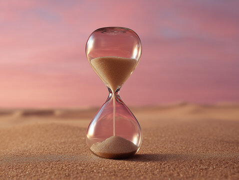 Hourglass in vast desert under pink sunset, soft focus conveys patience, transience, and reflection on life