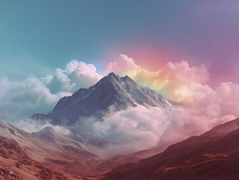 Majestic mountain peak rises above pastel clouds at sunrise, ethereal view captures hope, awe and new beginnings