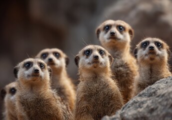 Fototapeta premium Close-up of meerkats looking up, alert