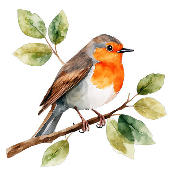 watercolor european robin perched on a branch with green leaves, delicate bird illustration.