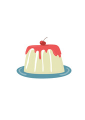 Panna Cotta with Strawberry Sauce and Cherry Vector Illustration