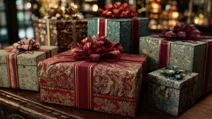 Gift wrapping station with ribbons, bows, and decorative paper,