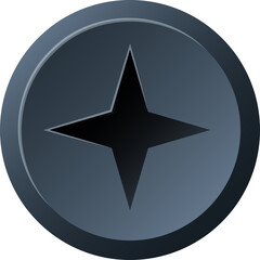 Close up of a round metallic screw head with a four point star indentation in dark grey and black colors isolated on a transparent background with subtle lighting and shadow effects