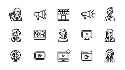 Vector Line Icons Set for Digital Marketing, Business Communication, Media, and Customer Support Services. Outline symbols.