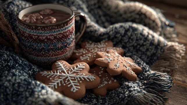gingerbread cookies and hot cocoa on cozy blanket,