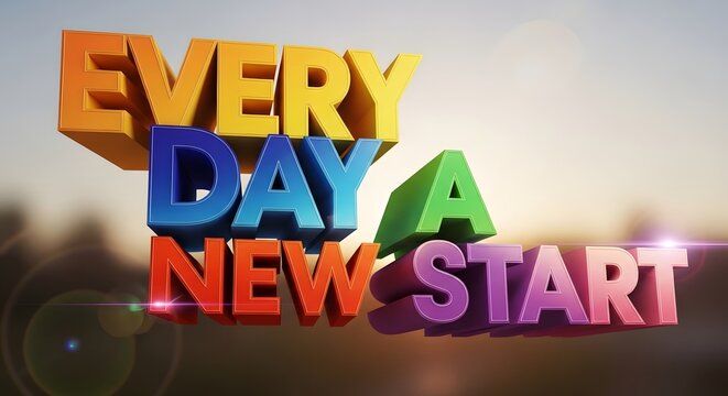 Colorful 3D text displaying the motivational phrase 'Every Day a New Start' against a blurred outdoor background with sunlight flare effects