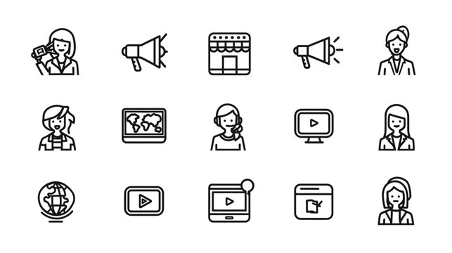 Vector Line Icons Set for Digital Marketing, Business Communication, Media, and Customer Support Services. Outline symbols. - Powered by Adobe