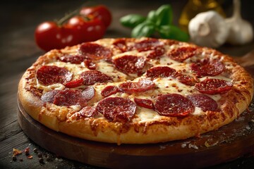 Delicious pepperoni pizza topped with mozzarella cheese, salami, and fresh peppers on a wooden board with ingredients in the background