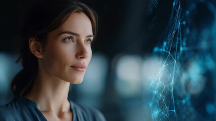 Professional woman gazes at virtual screen displaying abstract data, network graphics, symbolizing digital transformation. Scene highlights leadership, innovation, future technology trends - Powered by Adobe