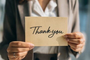 A smiling woman holds a thank-you card, expressing gratitude and appreciation in a cheerful office mood.