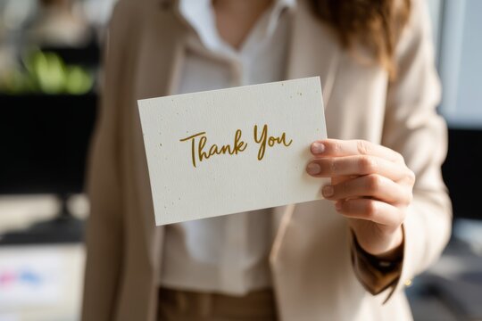 A smiling woman holds a thank-you card, expressing gratitude and appreciation in a cheerful office mood.