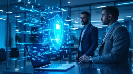 Professional men securing data with cutting edge cyber technology in modern office
