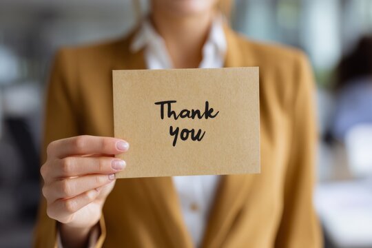 A smiling woman holds a thank-you card, expressing gratitude and appreciation in a cheerful office mood.