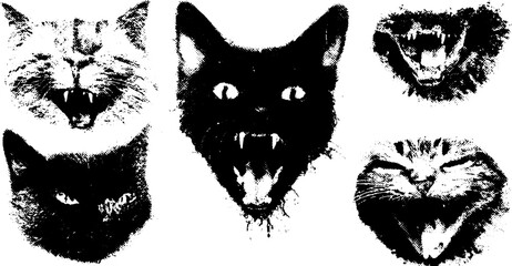Illustration set of fierce cat faces in various expressions. This graphic features dominant black and white colors, showcasing aggressive feline behavior in a vector format.