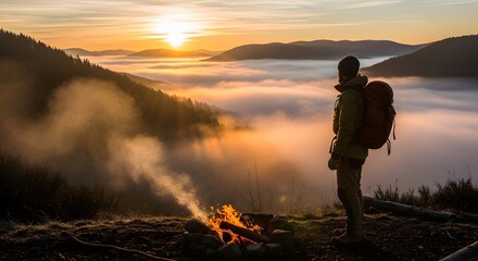 A person standing by a campfire overlooking a scenic sunrise over a misty valley with rolling hills and distant mountains in the background