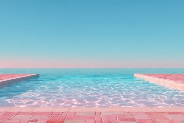 Obraz premium Minimalist wallpaper featuring a tranquil blue pink vaporwave swimming pool at sunset surrounded by calm waters