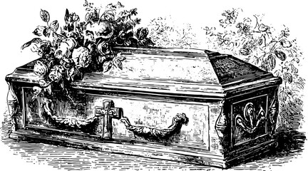 Ornate coffin with flowers, cross, and skull details in a classic engraved style. Black and white funeral vector illustration.