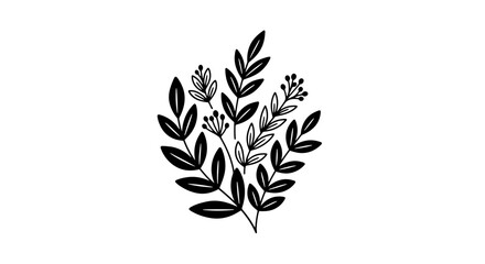 Simple black silhouette of stylized branches with leaves and berries, a versatile decorative element for natural designs on an isolated white background.