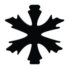 A solid black six-pointed symbol with ornate, flared tips resembling a stylized gothic star or snowflake on a white background.