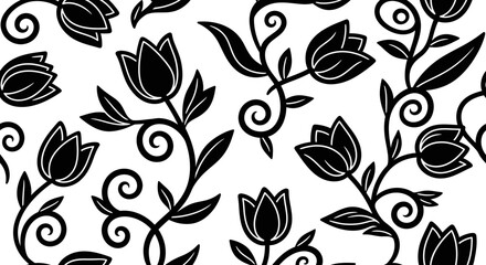 Fototapeta premium Seamless black and white floral pattern with stylized tulip flowers and swirling leaves on an isolated white background.