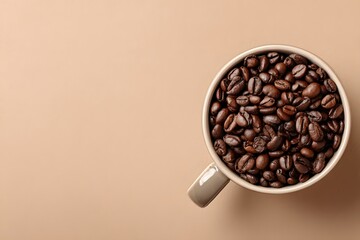 A cup filled with whole coffee beans sits on a plain surface