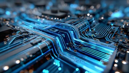 Illuminating Tech Pathways: A close-up perspective of a circuit board pulses with electric blue energy, symbolizing technological innovation and data flow. - Powered by Adobe