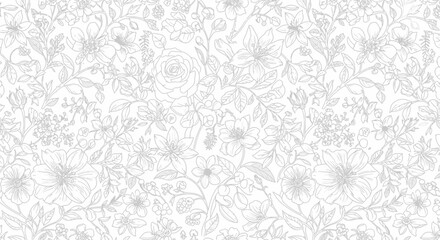 Delicate light gray seamless floral pattern with subtle flowers and leaves on solid white background, an elegant nature inspired wallpaper.