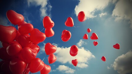 Heart Shaped Red Balloons Floating in the Sky Symbolizing Love Romance and Celebration for Valentines Day
