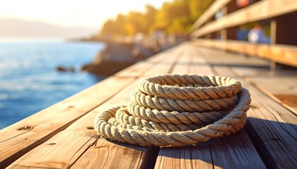 A Rolled Rope on a Wooden Pier Overlooking the Ocean at Sunset