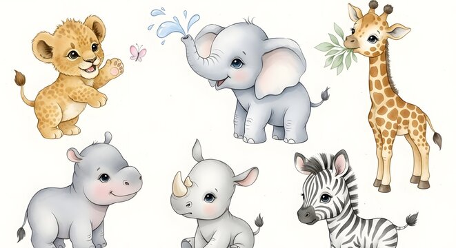Cute and playful cartoon animals including a lion cub, elephant, giraffe, hippopotamus, rhinoceros, zebra, and a butterfly, all depicted in a colorful and friendly style