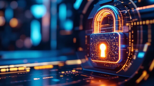 Secure digital padlock protecting data with glowing circuit patterns in vibrant tech space