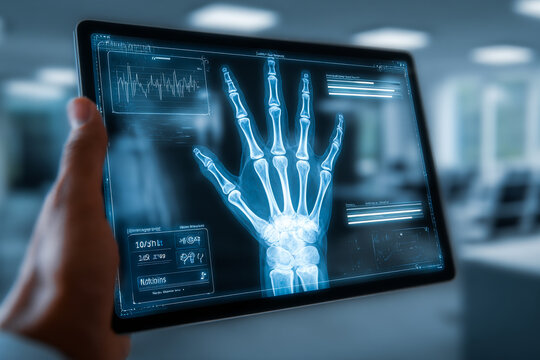 Patient examines X-ray of hand on tablet in a clean medical environment with professional focus
