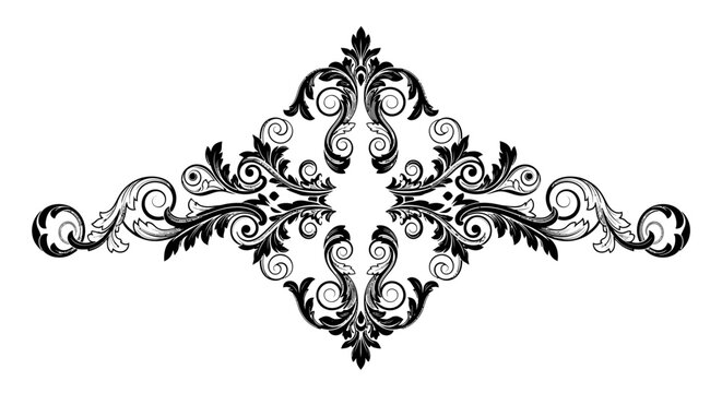 Ornate symmetrical central design element with classic Baroque scrollwork on isolated white background, a decorative vintage motif.