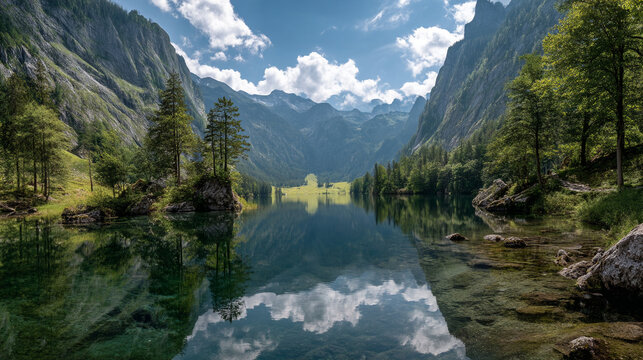 Scenic view of a lake reflecting mountains and trees under a cloudy sky day