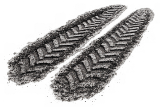 Driving through mud, forming deep tire tracks on a rough off-road terrain, leaving a dirty imprint, transparent background