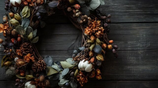 Handcrafted fall wreath featuring natural elements like dried leaves, berries, and pumpkins arranged in a circular design. Ideal for autumnal interiors, festive tables, or welcoming front doors
