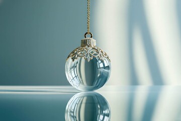 A luxurious clear glass holiday ornament with a gold cap encrusted with diamonds hangs from a chain, reflecting off the shiny surface.