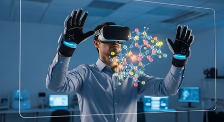 A person wearing a virtual reality headset interacts with a digital molecular model in a modern laboratory setting