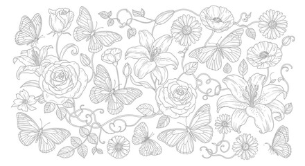 Dense Black and White Pattern with Various Flowers, Leaves, and Butterflies