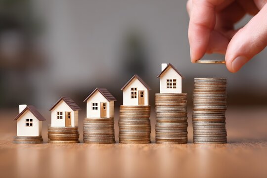 Small houses sit on stacks of coins as a hand places another coin on top.
